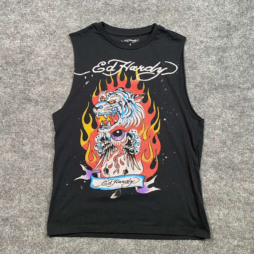 Ed Hardy Mens Tiger Flame Tattoo Graphic Sleeveless Muscle Tee Black Small